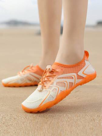 Men Soft-Sole Water Shoes Slip-Resistant Breathable Mesh Woven Beach Flat Hiking Shoes Summer Orange Outdoor Swimming Shoes