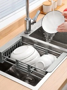 1pc Stainless Steel Sink Drainer Rack, Retractable Dish Rack With Multiple Functions For Kitchen, Fruits And Vegetables Basket, Dish Drain Rack - Silver - View 4