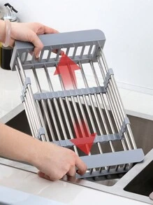 1pc Stainless Steel Sink Drainer Rack, Retractable Dish Rack With Multiple Functions For Kitchen, Fruits And Vegetables Basket, Dish Drain Rack - Silver - View 8