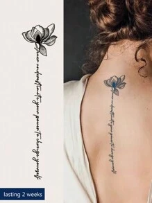 CAT QUEEN ART Blue Flower And Word Tattoo Pattern - Semi Permanent Tattoo Sticker For Arms, Wrists, Chest, Abdomen, Back And Other Body Parts, Lasts For 14 Days Without Fading Or Reflecting, 1 Sheet