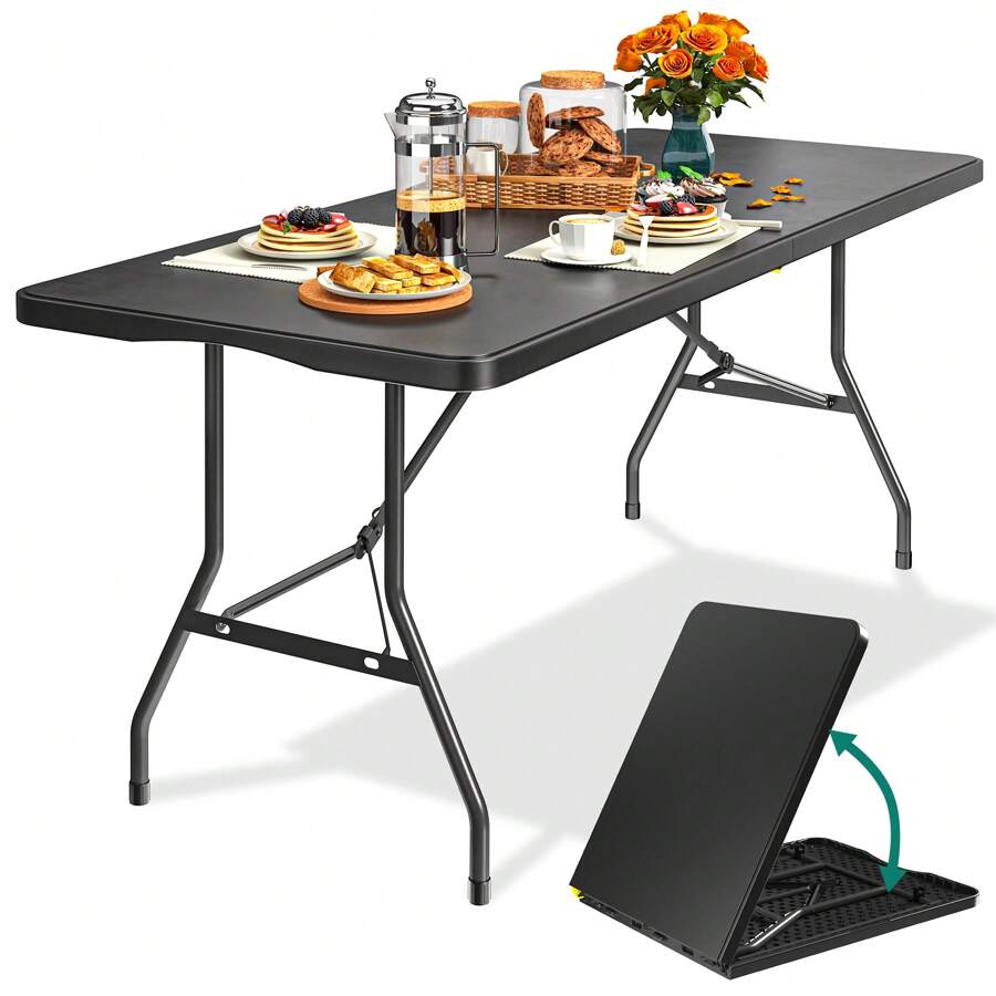 6FT Folding Trestle Dining Table Party Picnic BBQ Camping Outdoor Stall Table - Black - View 1