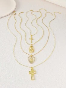 4pcs/Set Golden European And American Style Pendant Necklace, Mix-Match Design With Hollow Jesus, Cross, Heart, And Mary Shape. Exquisite And High-End Multi-Layer Chains With Rhinestone. Suitable For Party, Festival, Gathering. Valentines