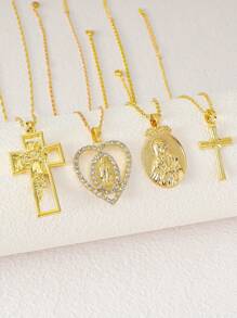 4pcs/Set Golden European And American Style Pendant Necklace, Mix-Match Design With Hollow Jesus, Cross, Heart, And Mary Shape. Exquisite And High-End Multi-Layer Chains With Rhinestone. Suitable For Party, Festival, Gathering. Valentines