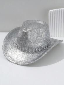 1pc Unisex Metallic Shiny Solid Color Cowboy/Cowgirl Hat With Rhinestone Water Drop-Shaped Belt, Suitable For Birthday Party, Western Themed Event, Gathering, Cosplay, Graduation Ceremony, Masquerade Ball, Festival, Wedding, Birthday Celebration, Music Festival, Coming Of Age Ceremony