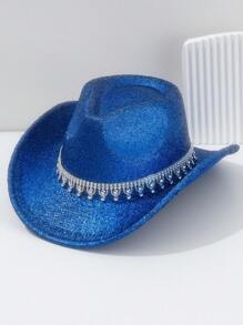 1pc Unisex Metallic Shiny Solid Color Cowboy/Cowgirl Hat With Rhinestone Water Drop-Shaped Belt, Suitable For Birthday Party, Western Themed Event, Gathering, Cosplay, Graduation Ceremony, Masquerade Ball, Festival, Wedding, Birthday Celebration, Music Festival, Coming Of Age Ceremony