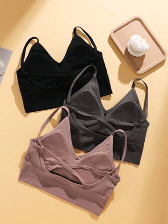 3 pièces Soutien-gorge sportif décontracté et sans fil respirant et sans dos pour femmes, lingerie