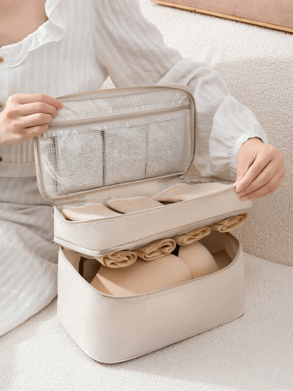 Organizador de sujetador y ropa interior de viaje de doble capa, bolsa de almacenamiento compartimentada multifuncional portátil para dormitorio, viaje y exteriores, artículos esenciales de viaje para mochila de viaje, bolsa de viaje, equipaje, maleta, equipo de viaje, regreso a la escuela, bolsas de mudanza organizadoras