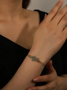 1件奢华铜镀金永恒蛇形绿锆石女士时尚手链，适合日常佩戴 - 蛇形 - 查看 2