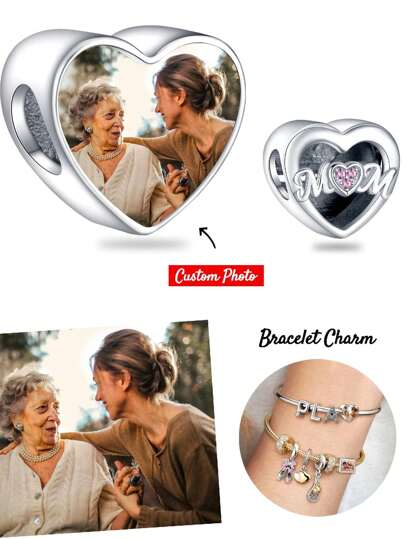 1pc Personalized Photo Bracelet Pendant, Gift For Mom, Dad, Mother's Day, Father's Day Photo Necklace Pendant, Photo Anklet Pendant, Heart-Shaped Child Footprint Mom Handprint Photo Beads, Inlaid Cubic Zirconia, Gift For Mom, Daughter, Girlfriend, Wife, Best Friend On Valentine's Day