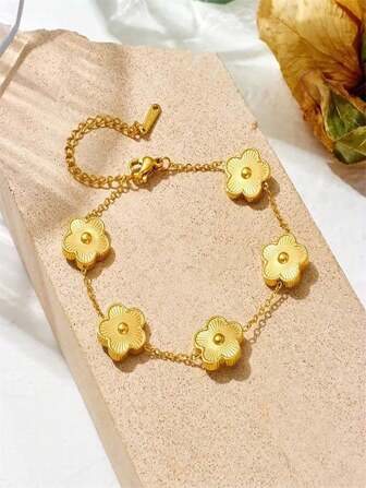 1pc Stainless Steel 5-Petal Flower Bracelet, Minimalist Korean Style Luxury Bracelet For Women