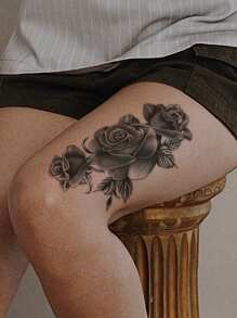 STARTTOOS 1pc Black Peony & Rose Floral Pattern Large Temporary Tattoo Sticker For Arm, Chest, Abdomen Or Back,Spine Tattoo,Sketch Style - Black - View 5