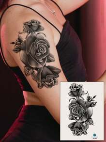 STARTTOOS 1pc Black Peony & Rose Floral Pattern Large Temporary Tattoo Sticker For Arm, Chest, Abdomen Or Back,Spine Tattoo,Sketch Style - Black - View 3