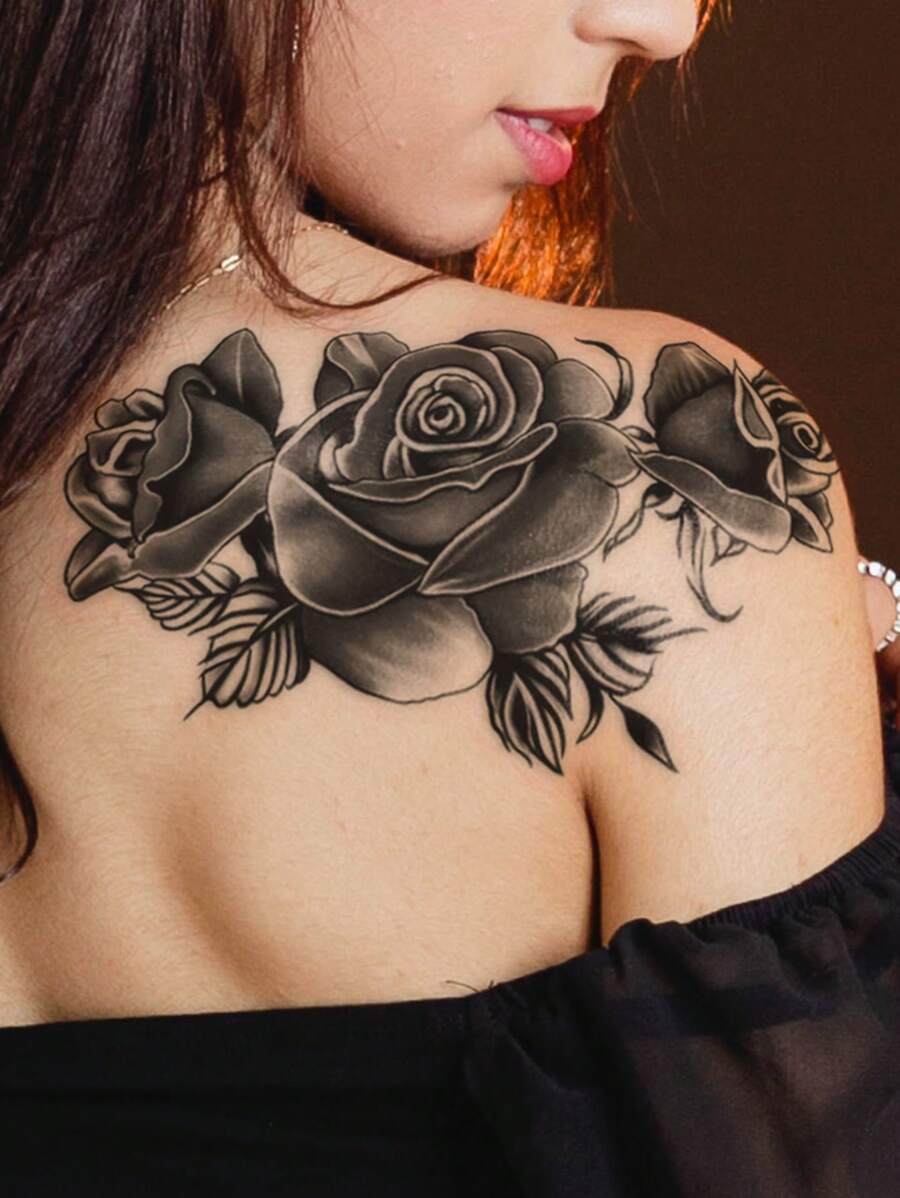 STARTTOOS 1pc Black Peony & Rose Floral Pattern Large Temporary Tattoo Sticker For Arm, Chest, Abdomen Or Back,Spine Tattoo,Sketch Style