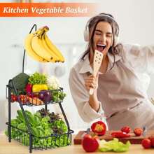 2-Tier Fruit Basket Bowl For Kitchen Counter  Banana Holder Fruit Vegetable Bowl Stand With Removable Banana Hanger  Metal Wire Fruit Vegetable Storage  Black - Multicolor - View 2