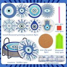 Set Of 8 Evil Eye Diamond Art Cup Coasters With Stand, Evil Eye Diamond Art Cup Coaster With Cork Base