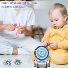 Set Of 8 Evil Eye Diamond Art Cup Coasters With Stand, Evil Eye Diamond Art Cup Coaster With Cork Base