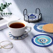 Set Of 8 Evil Eye Diamond Art Cup Coasters With Stand, Evil Eye Diamond Art Cup Coaster With Cork Base
