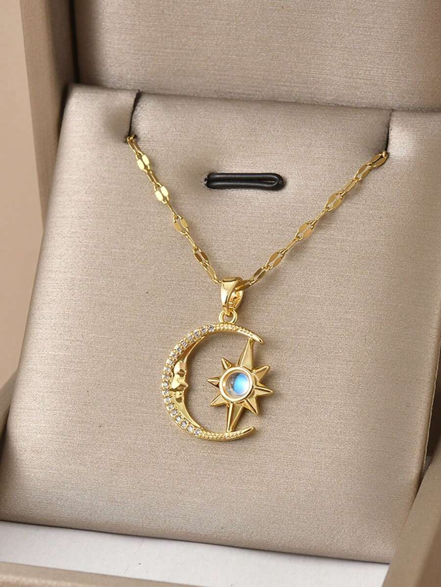 1pc Fashion Starry Sky & Moon Crystal Butterfly Stainless Steel Necklace For Women