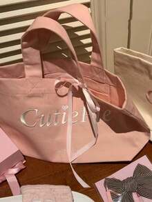 Túi xách nhỏ bằng vải canvas có tính thẩm mỹ cao chính hãng Hàn Quốc Cutiepi, Túi thêu nơ ruy băng dễ thương dành cho người yêu - Hồng - Xem 3
