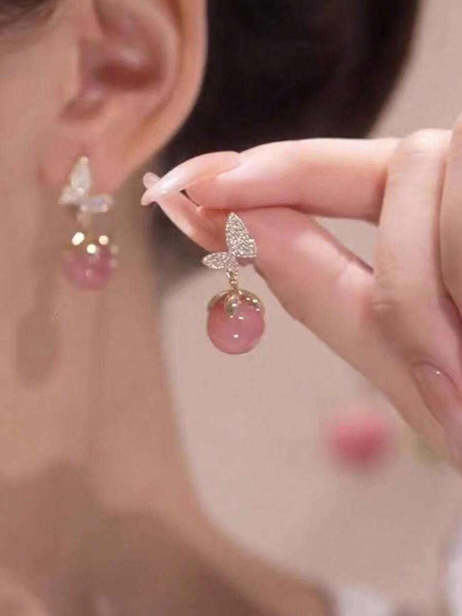 1對流行的專業設計，粉紅色樹脂珠耳環鑲嵌鑽石，蝴蝶和貓眼石紋路，百變風格，優雅女士耳環 - 粉色 - 查看 1