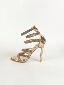 Sandalias elegantes de tacón alto con decoración de pedrería para mujer - Dorado - Ver 7