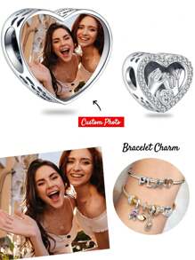 1件定制照片手链吊坠，送给妈妈、爸爸的礼物，母亲节、父亲节照片项链吊坠，照片脚链吊坠，心形儿童脚印妈妈手印照片珠，镶嵌立方氧化锆，送给妈妈、女儿、女友、妻子、闺蜜的礼物，情人节、新年礼物，魅力之选 - 銀色 - 查看 1
