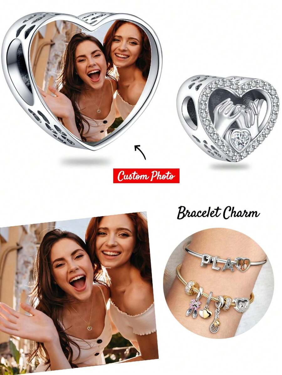 1件定制照片手链吊坠，送给妈妈、爸爸的礼物，母亲节、父亲节照片项链吊坠，照片脚链吊坠，心形儿童脚印妈妈手印照片珠，镶嵌立方氧化锆，送给妈妈、女儿、女友、妻子、闺蜜的礼物，情人节、新年礼物，魅力之选 - 銀色 - 查看 1