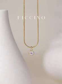 FICCINO FICCINO Classic Retro Minimalist Gold-Plated Cubic Zirconia Circle Pendant Necklace, Titanium Steel Gold Plated Snake Chain Necklace, Versatile Collar Necklace, Couple/Valentine's Day/Holiday Gift Set With Box