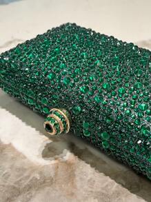 A Dark Green Sparkly Double-Sided Rhinestone And Crystal Decorated Clutch With Metal Crossbody Chain, Fashionable, Elegant And Suitable For Evening/Formal Events Tready Bride Bag, Perfect For Party, Wedding, Prom, Dinner/Banquet, Matching With Wedding Dress, Formal Dresses, Prom Dress, Birthday Dress, Party Dress, Essential Wedding Items, Perfectly Matching With Graduation Dress, Prom Dresses