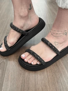 Women Flat Sandals - 黑色閃光 - 查看 2