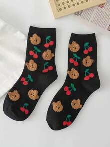 Juego de 4 pares de calcetines por encima de la rodilla con impresión de oso y conejo de caricatura lindos al estilo japonés para mujeres, calcetines de moda de media pantorrilla estilo coreano INS para otoño/invierno - Multicolor - Ver 5