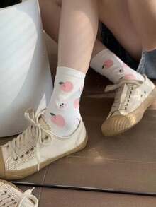 Juego de 4 pares de calcetines por encima de la rodilla con impresión de oso y conejo de caricatura lindos al estilo japonés para mujeres, calcetines de moda de media pantorrilla estilo coreano INS para otoño/invierno - Multicolor - Ver 7