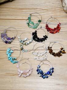 2pcs Handmade Asymmetrical Natural Stone Earrings With Beach Vacation Style Beaded Large Circle For Women Round Dangle Earrings - Multicolor - View 8