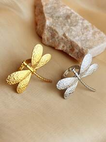 1pc Fashionable French-Style High-End Stainless Steel Ring Jewelry With Gold Plating And Silver Color, Insect-Themed Dragonfly Design, Adjustable Size, Suitable For Ladies, Mother Day, Teacher Day, Elegant And Charming Valentine Day Jewelry Hand Accessory Valentines