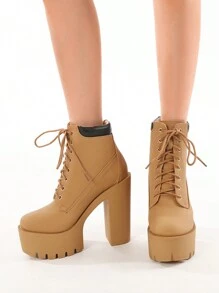 Gdgydh Fashion Spring Autumn High Heels Ankle Boots For Women Lace Up Thick Heel Platform Boots Yellow Women's Chunky Heeled Short Boots - Yellow - View 3