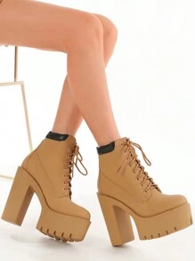 Gdgydh Fashion Spring Autumn High Heels Ankle Boots For Women Lace Up Thick Heel Platform Boots Yellow Women's Chunky Heeled Short Boots - Yellow - View 2