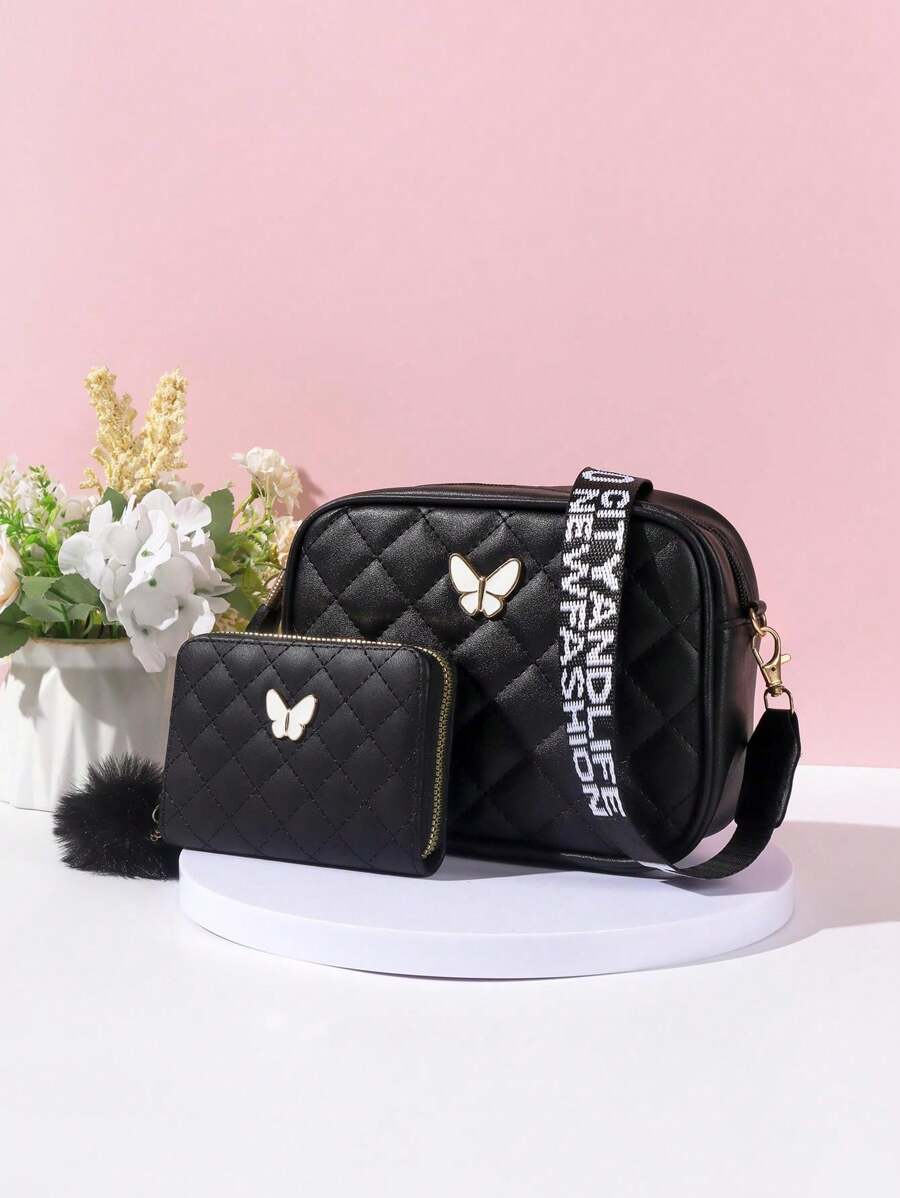 Fashionable And Simple Ladies Crossbody Bag Set, Butterfly Rhombus Embroidery Shoulder Bag, Lightweight And Compact Mobile Phone Bag With Zipper Wallet - Black - View 1