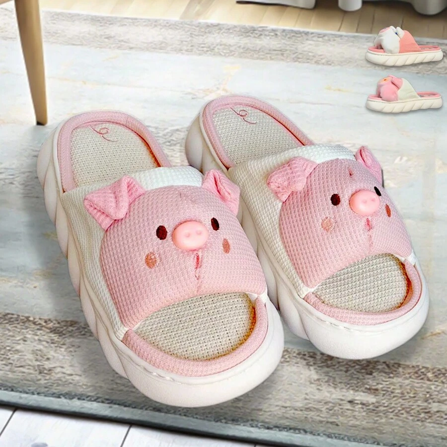 Zapatillas Pantuflas cerdito cochinito Sandalia interiores Mujer infantil niño y niña - Blanco y Rosa - Ver 1