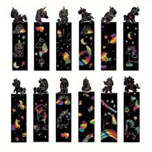 12pcs/Set Animal DIY Bookmarks Handwritten Scratch Painting Creative Colorful Scratch Paper Painting Art Supplies(Contains 4 Wooden Pens And 12 Ribbons)