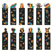12pcs/Set Animal DIY Bookmarks Handwritten Scratch Painting Creative Colorful Scratch Paper Painting Art Supplies(Contains 4 Wooden Pens And 12 Ribbons)
