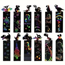 12pcs/Set Animal DIY Bookmarks Handwritten Scratch Painting Creative Colorful Scratch Paper Painting Art Supplies(Contains 4 Wooden Pens And 12 Ribbons)
