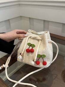 迷你休闲樱桃装饰草编抽绳水桶斜挎包，节日必备，非常适合旅行、度假、假日和海滩 - 米色 - 查看 4