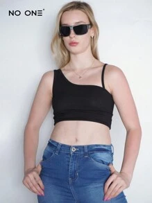 NO ONE | Crop top super stretch un tirante tacto suave tehido canalé - Negro - Ver 1