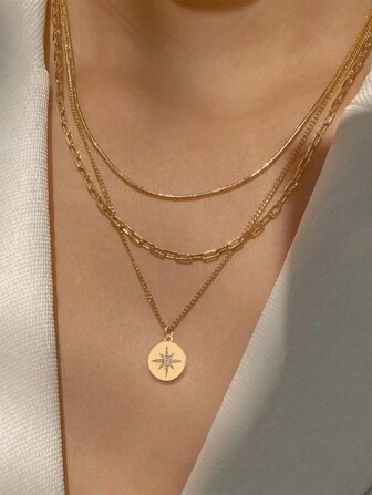 Nooxian Conjunto de regalo de 3 piezas/set de collares minimalistas de moda con cadenas de acero inoxidable circulares con diseño de hueso de serpiente en varias capas, collares con diseño de clip de papel cuadrado y colgante de zirconia cúbica en forma de girasol redondo para mujeres