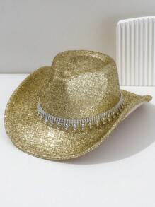 1pc Unisex Metallic Shiny Solid Color Cowboy/Cowgirl Hat With Rhinestone Water Drop-Shaped Belt, Suitable For Birthday Party, Western Themed Event, Gathering, Cosplay, Graduation Ceremony, Masquerade Ball, Festival, Wedding, Birthday Celebration, Music Festival, Coming Of Age Ceremony