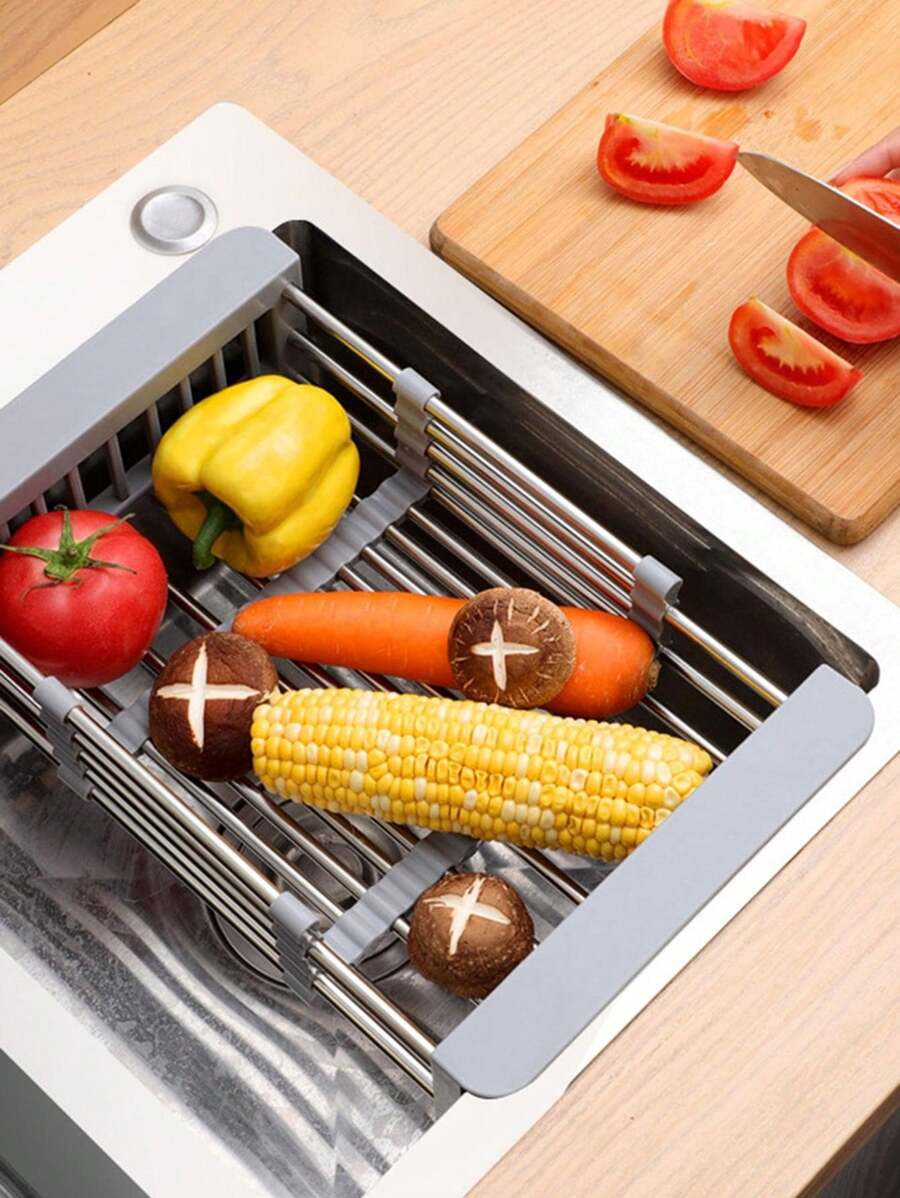 1pc Stainless Steel Sink Drainer Rack, Retractable Dish Rack With Multiple Functions For Kitchen, Fruits And Vegetables Basket, Dish Drain Rack - Silver - View 1