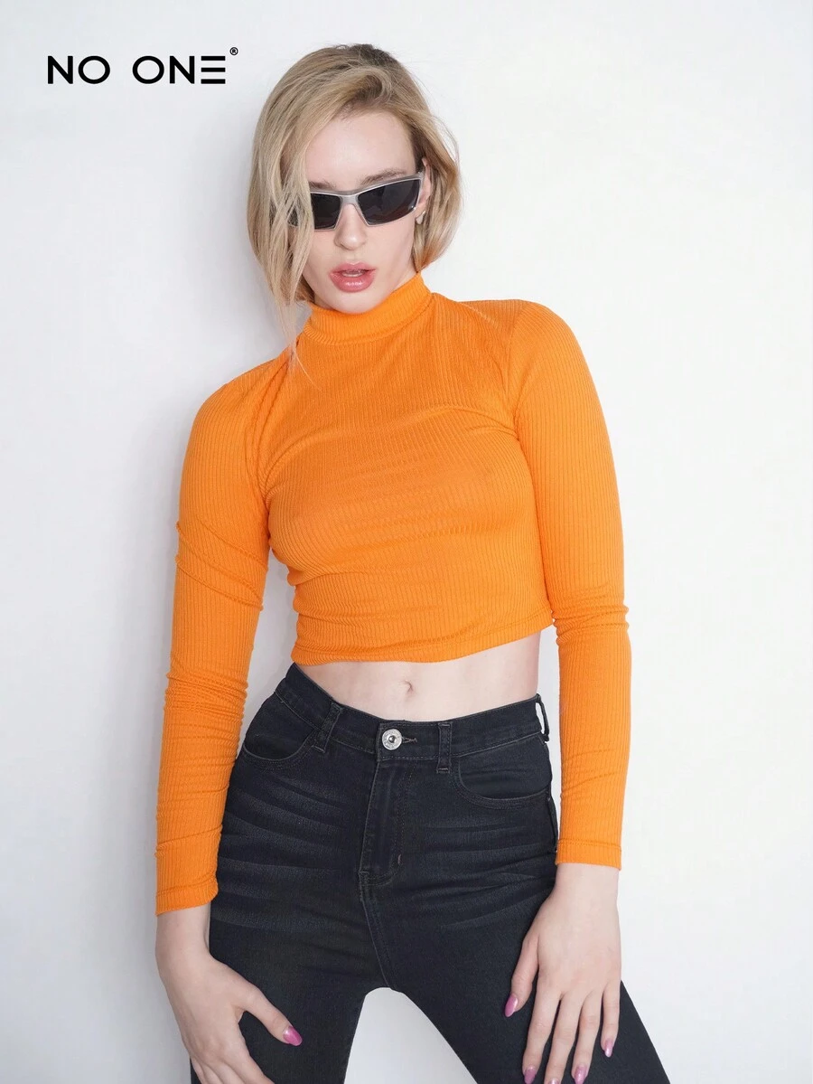 NO ONE Basic Essentials Cuello alto crop top spandex manga larga playera top tejido canalé - Naranja - Ver 1