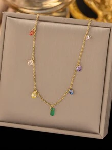 1pc Stainless Steel Minimalist Necklace, Delicate Square Rhinestone Choker Necklace, Dainty Jewelry, Suitable For Daily Wear For Women