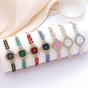 2024 New Casual Fashion Women\ Bracelet Watch, Cute Round Watch Head With Diamond Crystal, Leaf & Feather Pattern Watch Band, Alloy Quartz Watch Gift