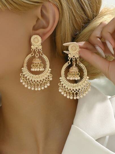 1 对复古时尚波西米亚圆形米珠流苏吊坠耳环，百搭休闲宝莱坞耳环，适合女性和青少年婚礼宴会舞会约会礼物暑假旅行音乐节，适合节日穿着